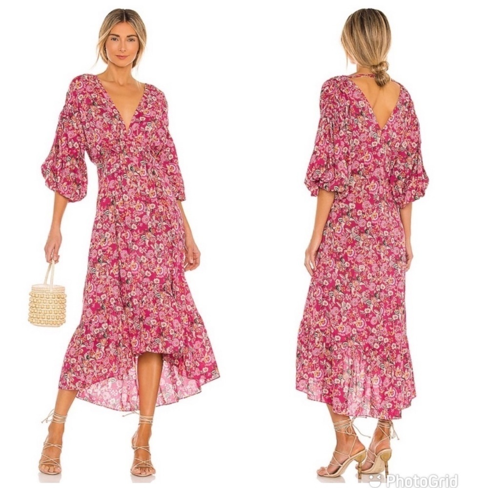 Misa Los Angeles Johanna Balloon Sleeve Floral Midi Dress Size Xs